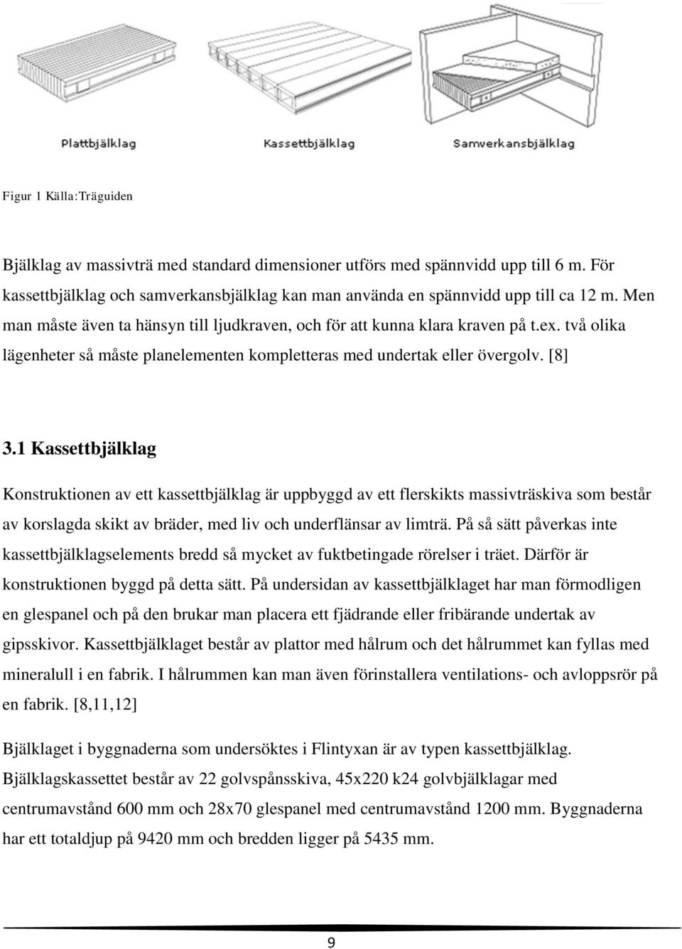 1 Kassettbjälklag Konstruktionen av ett kassettbjälklag är uppbyggd av ett flerskikts massivträskiva som består av korslagda skikt av bräder, med liv och underflänsar av limträ.