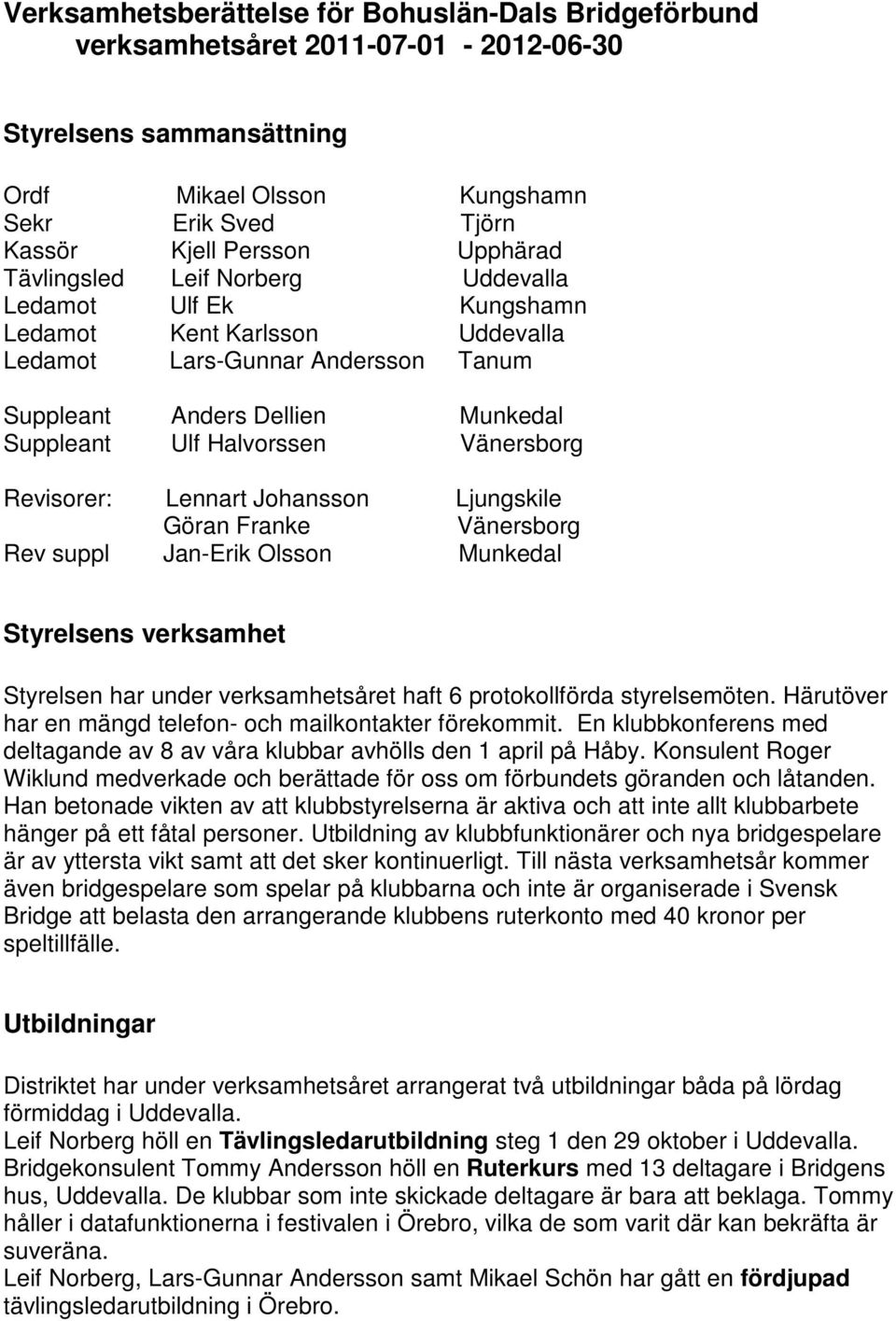 Revisorer: Lennart Johansson Ljungskile Göran Franke Vänersborg Rev suppl Jan-Erik Olsson Munkedal Styrelsens verksamhet Styrelsen har under verksamhetsåret haft 6 protokollförda styrelsemöten.