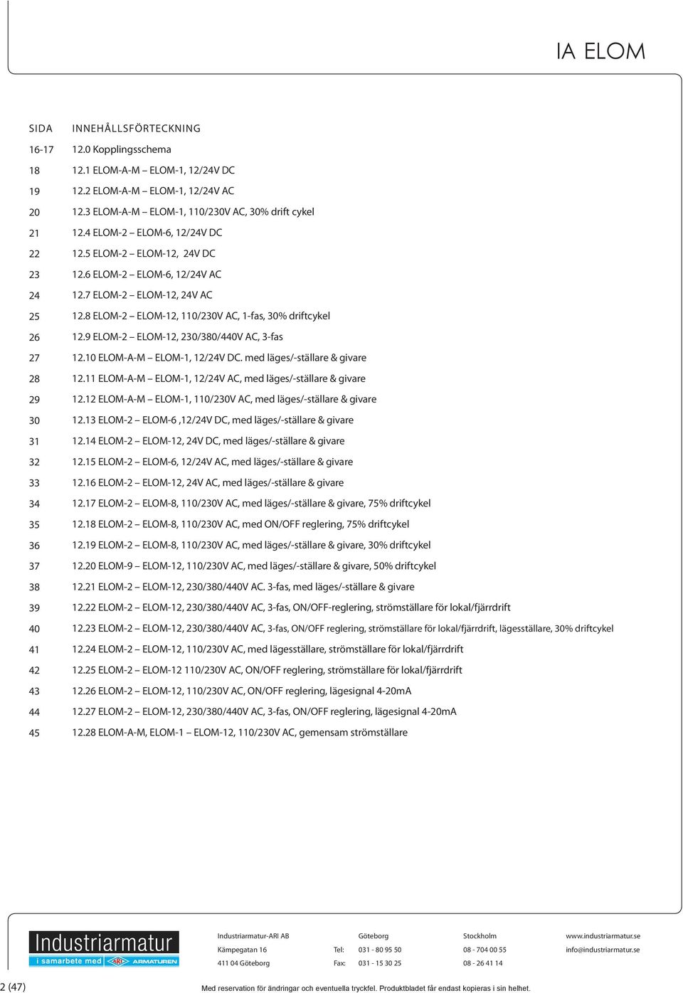 8 ELOM-2 ELOM-12, 110/230V AC, 1-fas, 30% driftcykel 12.9 ELOM-2 ELOM-12, 230/380/440V AC, 3-fas 12.10 ELOM-A-M ELOM-1, 12/24V DC. med läges/-ställare & givare 12.
