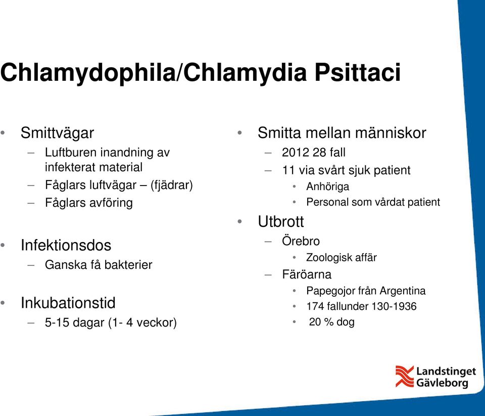 (1-4 veckor) Smitta mellan människor 2012 28 fall 11 via svårt sjuk patient Anhöriga Personal som