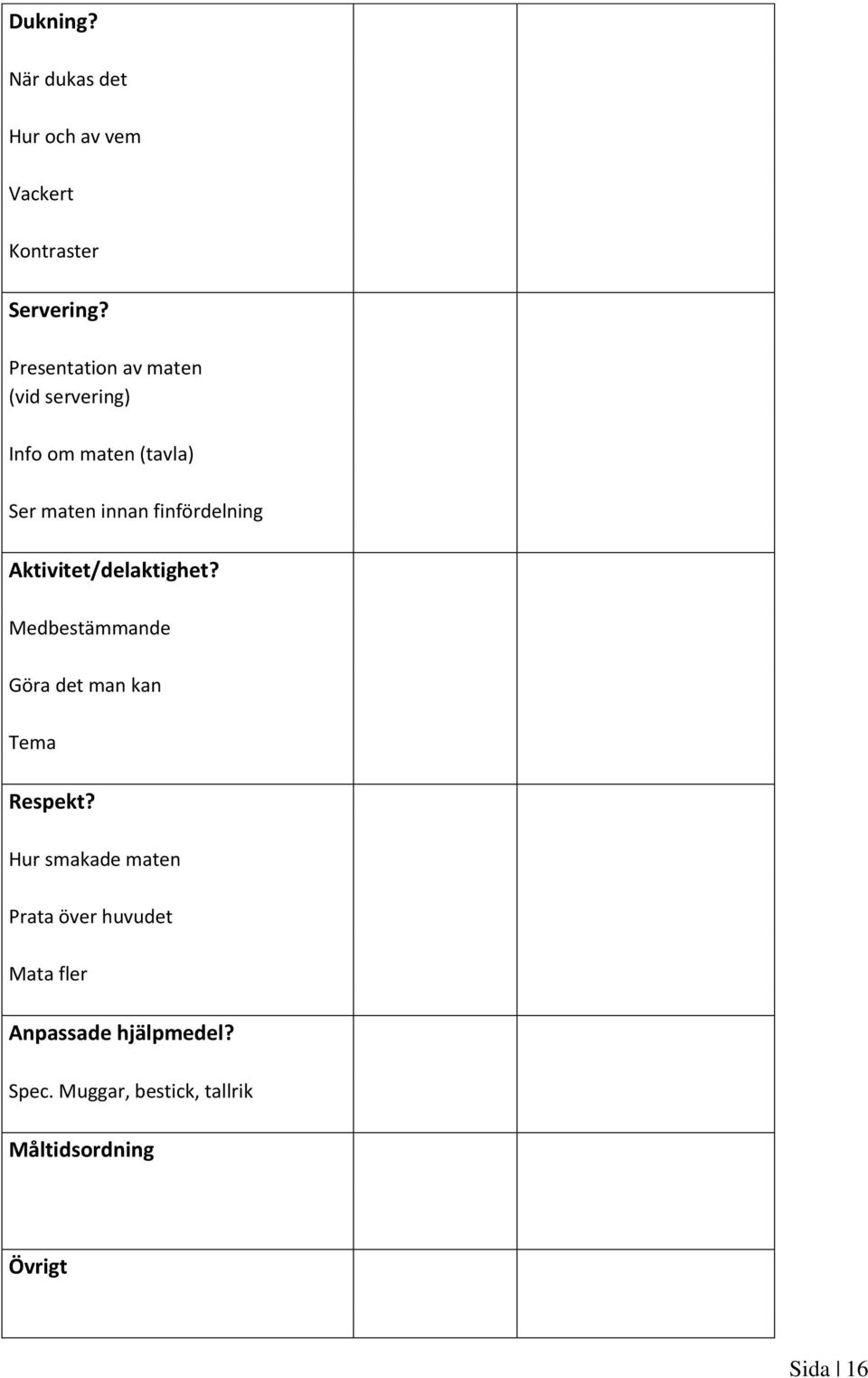 finfördelning Aktivitet/delaktighet? Medbestämmande Göra det man kan Tema Respekt?