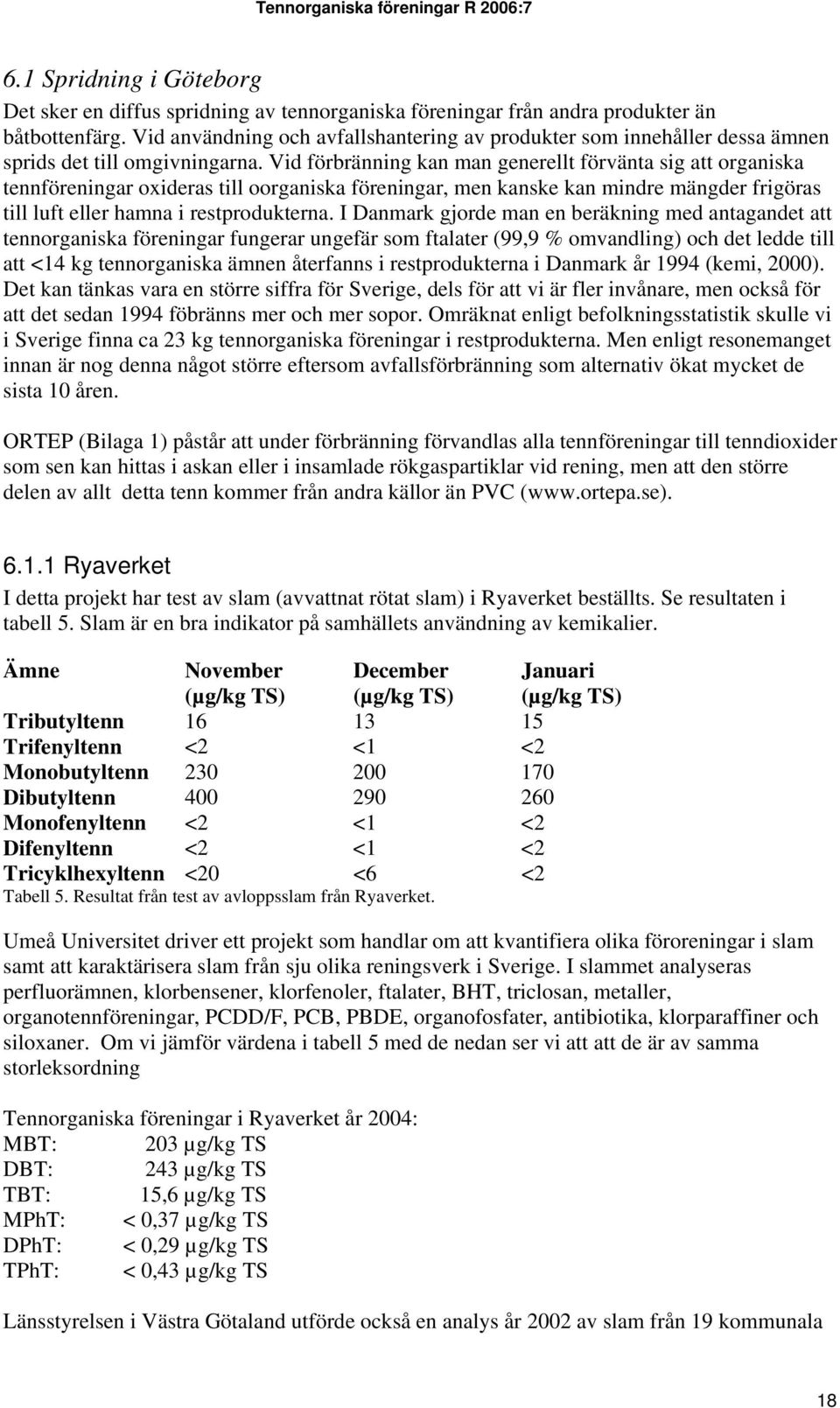 Vid förbränning kan man generellt förvänta sig att organiska tennföreningar oxideras till oorganiska föreningar, men kanske kan mindre mängder frigöras till luft eller hamna i restprodukterna.