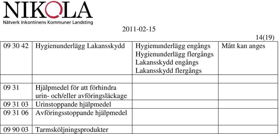 Hjälpmedel för att förhindra urin- och/eller avföringsläckage 09 31 03