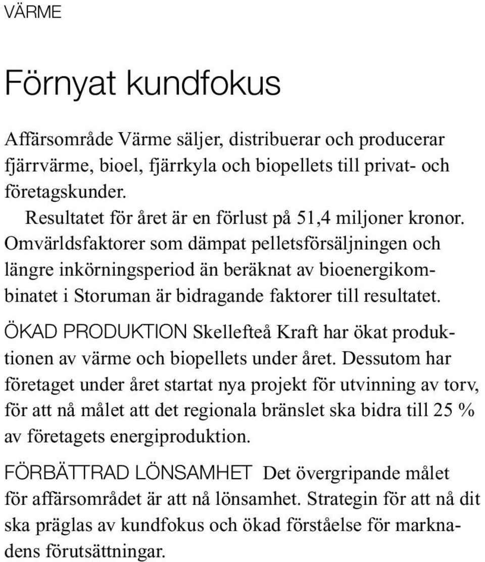 Omvärldsfaktorer som dämpat pelletsförsäljningen och längre inkörningsperiod än beräknat av bioenergikombinatet i Storuman är bidragande faktorer till resultatet.