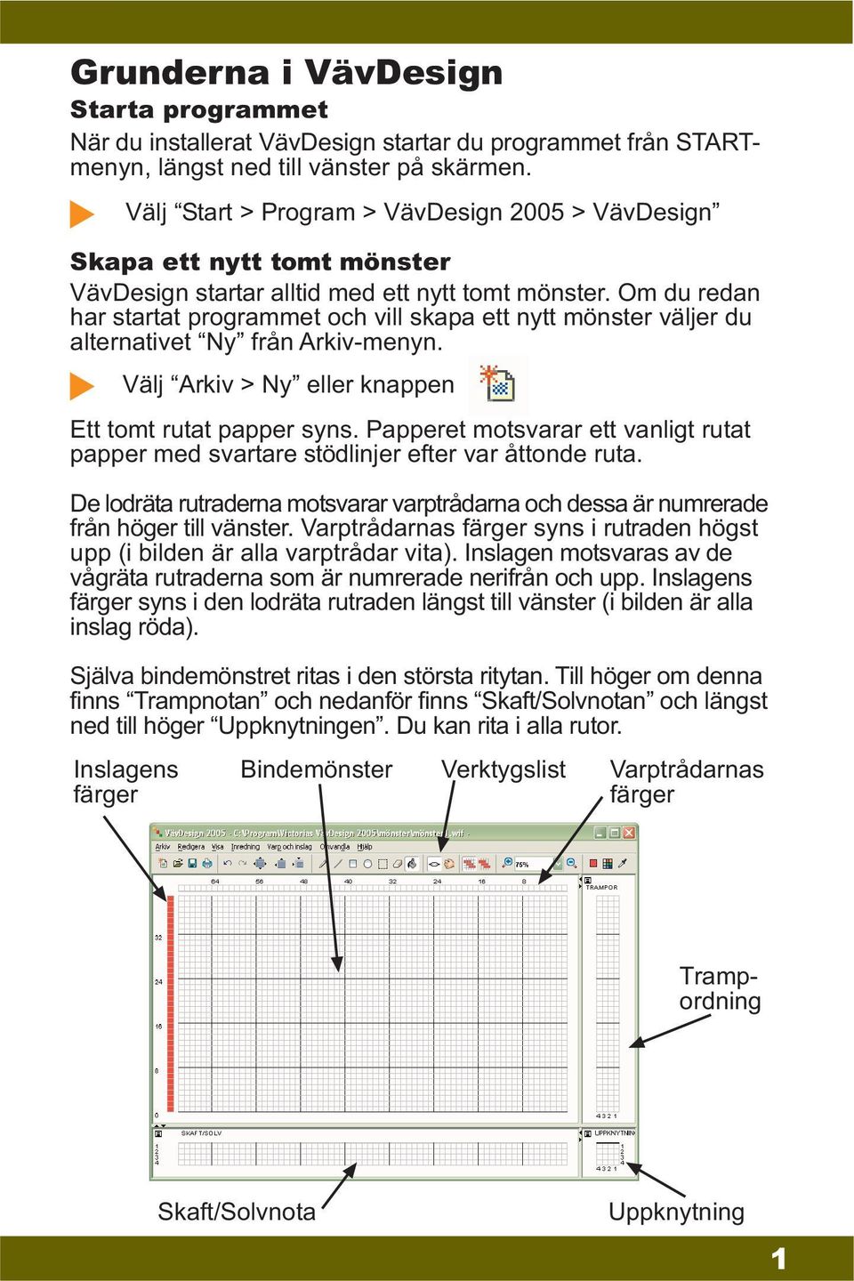 Om du redan har startat programmet och vill skapa ett nytt mönster väljer du alternativet Ny från Arkiv-menyn. Välj Arkiv > Ny eller knappen Ett tomt rutat papper syns.