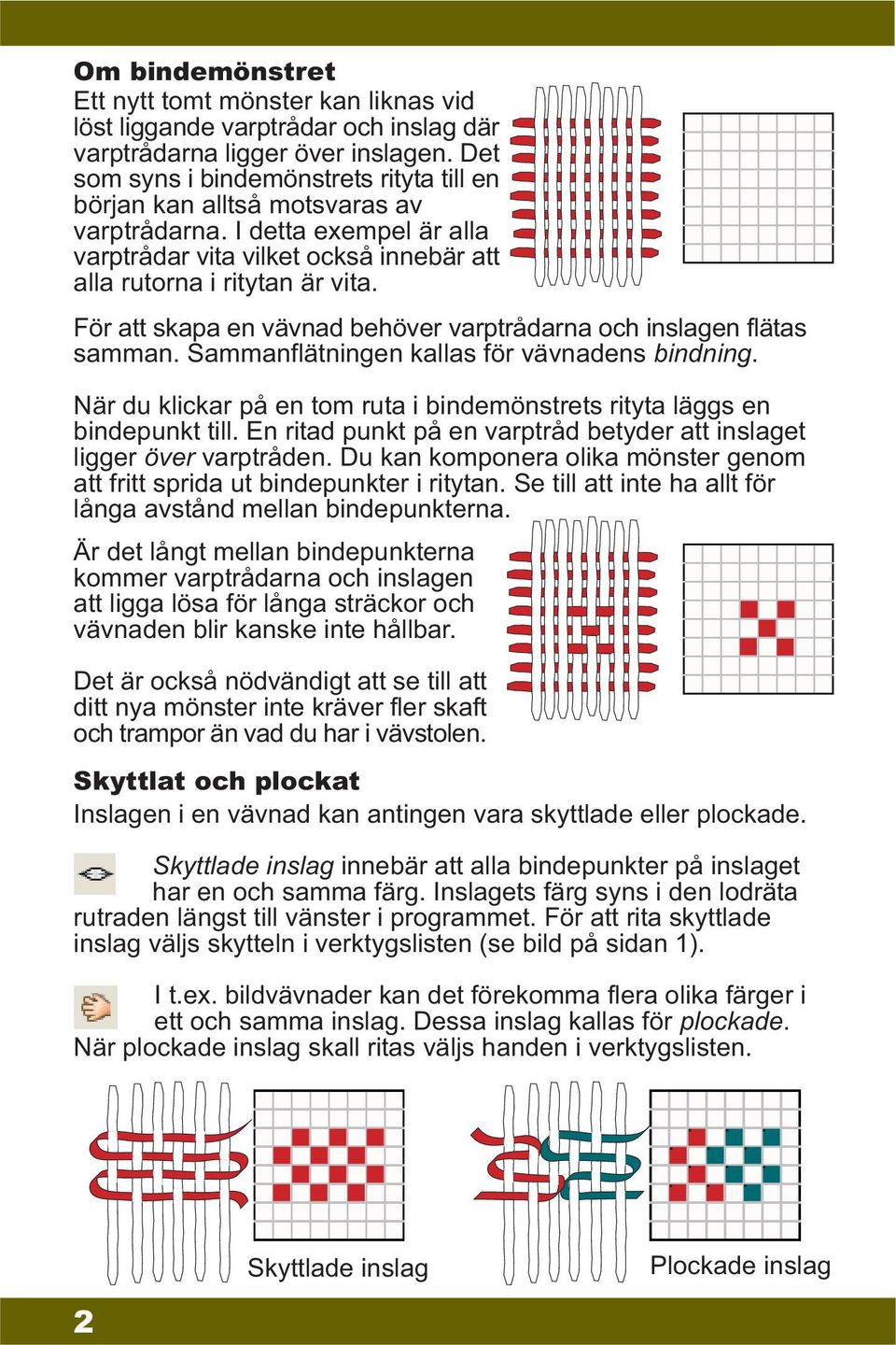 För att skapa en vävnad behöver varptrådarna och inslagen flätas samman. Sammanflätningen kallas för vävnadens bindning. När du klickar på en tom ruta i bindemönstrets rityta läggs en bindepunkt till.