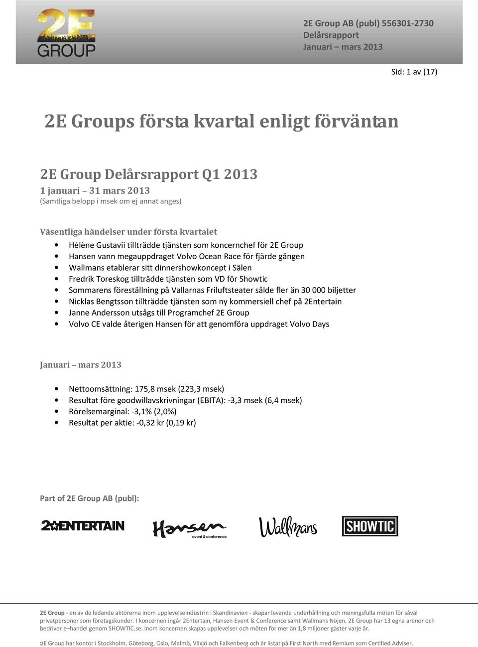 som VD för Showtic Sommarens föreställning på Vallarnas Friluftsteater sålde fler än 30 000 biljetter Nicklas Bengtsson tillträdde tjänsten som ny kommersiell chef på 2Entertain Janne Andersson