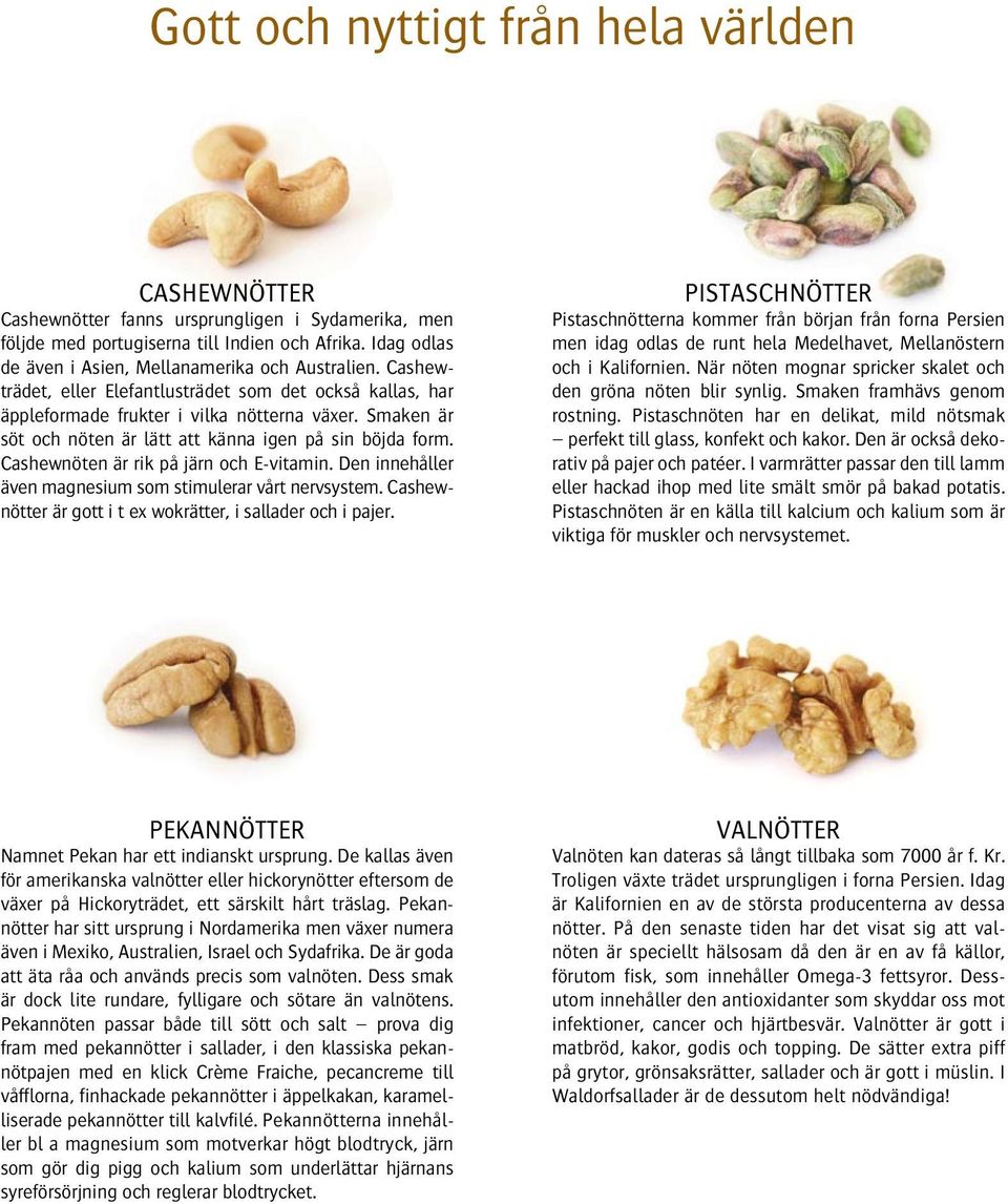 Smaken är söt och nöten är lätt att känna igen på sin böjda form. Cashewnöten är rik på järn och E-vitamin. Den innehåller även magnesium som stimulerar vårt nervsystem.