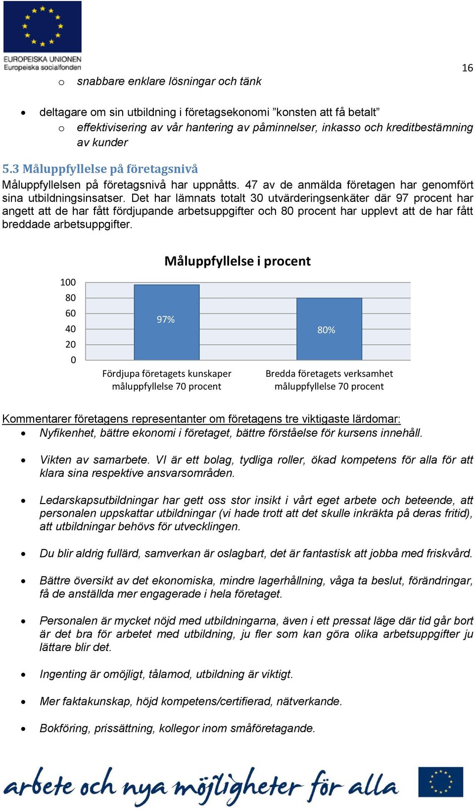 Det har lämnats totalt 30 utvärderingsenkäter där 97 procent har angett att de har fått fördjupande arbetsuppgifter och 80 procent har upplevt att de har fått breddade arbetsuppgifter.