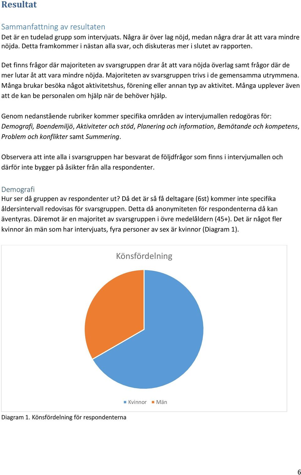 Det finns frågor där majoriteten av svarsgruppen drar åt att vara nöjda överlag samt frågor där de mer lutar åt att vara mindre nöjda. Majoriteten av svarsgruppen trivs i de gemensamma utrymmena.