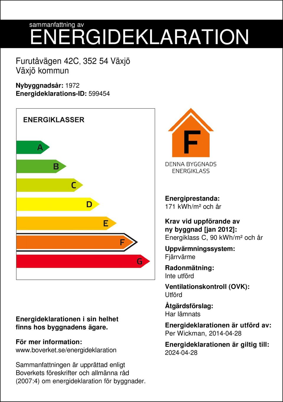 se/energideklaration Sammanfattningen är upprättad enligt Boverkets föreskrifter och allmänna råd (27:4) om energideklaration för byggnader.