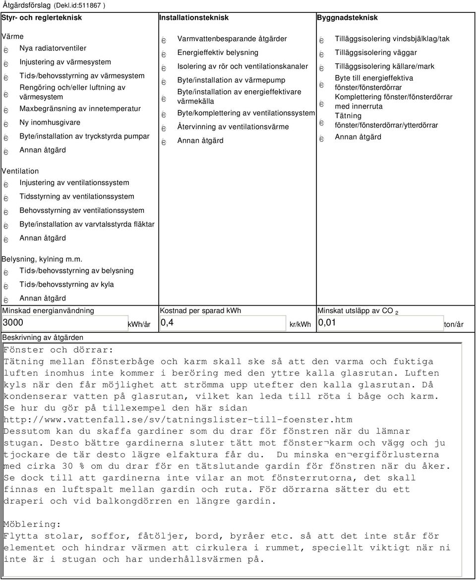 värmesystem Maxbegränsning av innetemperatur Ny inomhusgivare Byte/installation av tryckstyrda pumpar Varmvattenbesparande åtgärder Energieffektiv belysning Isolering av rör och ventilationskanaler