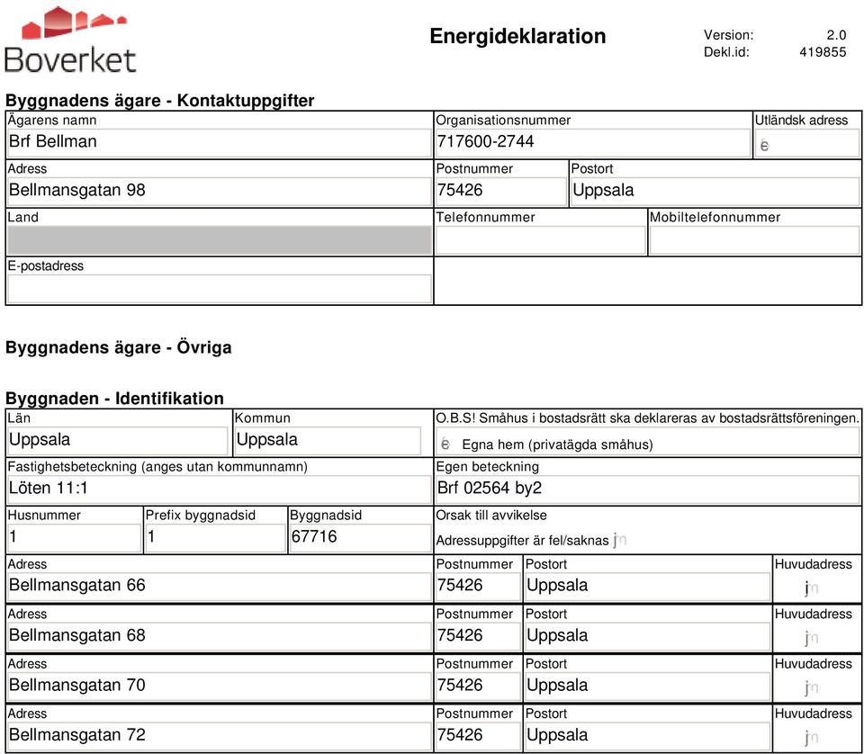 adress E-postadress Byggnadens ägare - Övriga Byggnaden - Identifikation Län Kommun Fastighetsbeteckning (anges utan kommunnamn) Löten 11:1 Husnummer 1 Adress Bellmansgatan 66 Adress Bellmansgatan 68