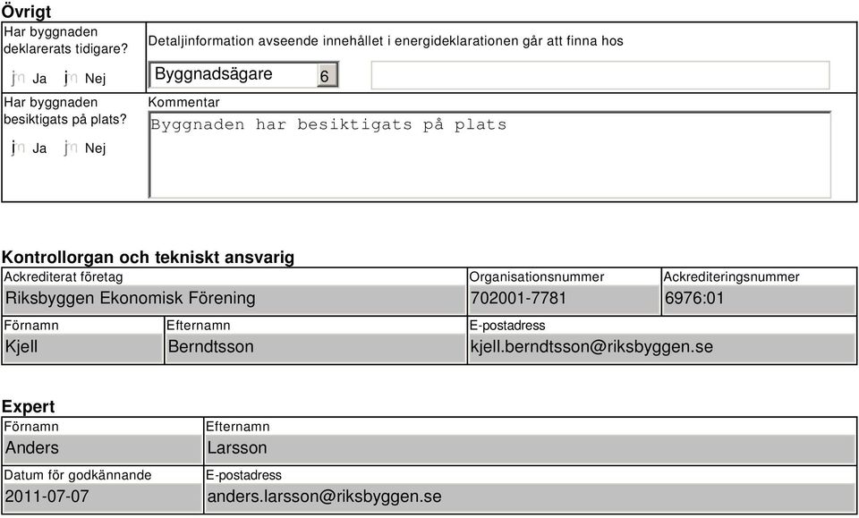 Kontrollorgan och tekniskt ansvarig Ackrediterat företag Riksbyggen Ekonomisk Förening Förnamn Kjell Efternamn Berndtsson Organisationsnummer