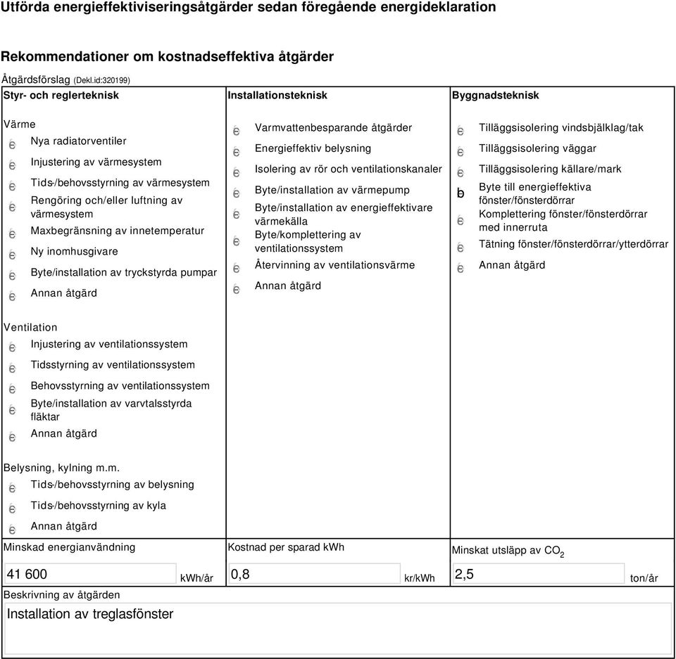 värmesystem Maxbegränsning av innetemperatur Ny inomhusgivare Byte/installation av tryckstyrda pumpar Varmvattenbesparande åtgärder Energieffektiv belysning Isolering av rör och ventilationskanaler