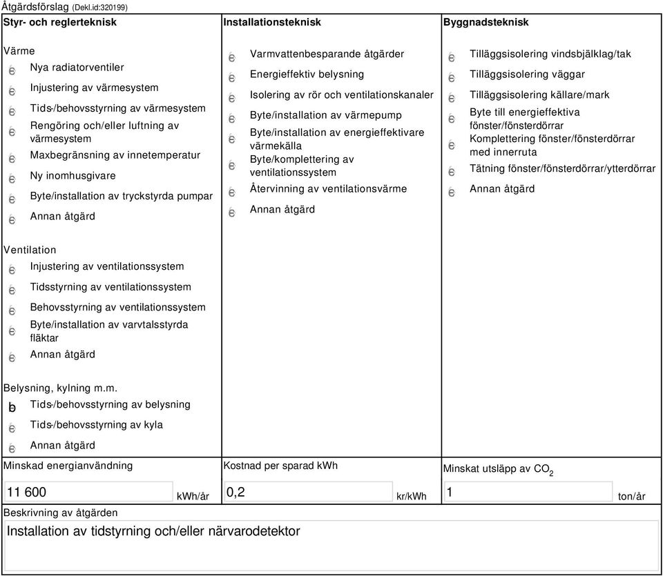 värmesystem Maxbegränsning av innetemperatur Ny inomhusgivare Byte/installation av tryckstyrda pumpar Varmvattenbesparande åtgärder Energieffektiv belysning Isolering av rör och ventilationskanaler