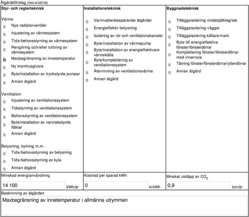 värmesystem Maxbegränsning av innetemperatur Ny inomhusgivare Byte/installation av tryckstyrda pumpar Varmvattenbesparande åtgärder Energieffektiv belysning Isolering av rör och ventilationskanaler