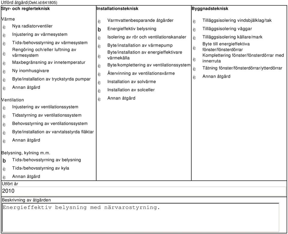 värmesystem Maxbegränsning av innetemperatur Ny inomhusgivare Byte/installation av tryckstyrda pumpar Ventilation Injustering av ventilationssystem Tidsstyrning av ventilationssystem Behovsstyrning