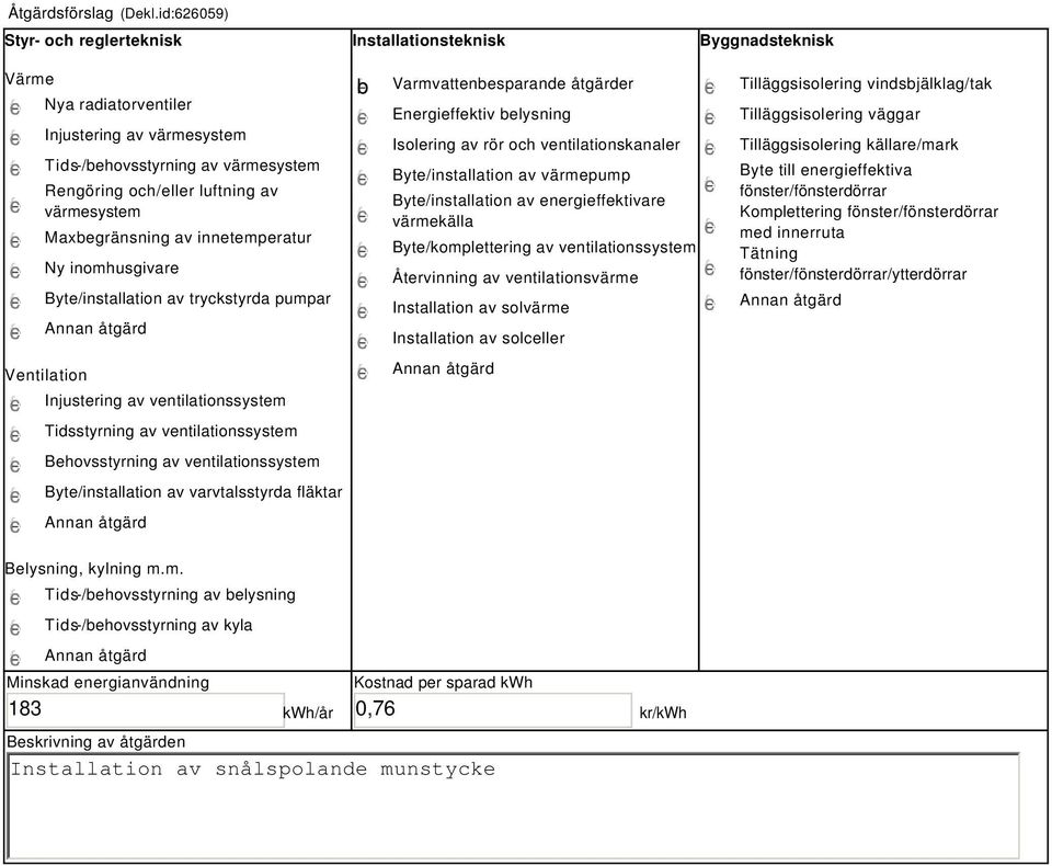 värmesystem Maxbegränsning av innetemperatur Ny inomhusgivare Byte/installation av tryckstyrda pumpar Ventilation Injustering av ventilationssystem Tidsstyrning av ventilationssystem Behovsstyrning