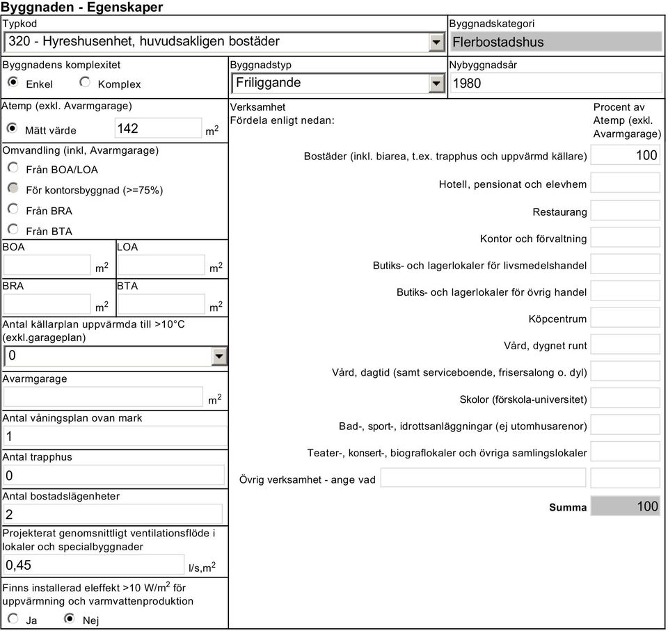 garageplan) 0 Avarmgarage Antal våningsplan ovan mark 1 Antal trapphus 0 Antal bostadslägenheter 2 Projekterat genomsnittligt ventilationsflöde i lokaler och specialbyggnader 0,45 Finns installerad