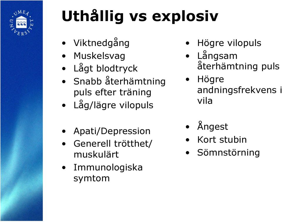 Generell trötthet/ muskulärt Immunologiska symtom Högre vilopuls