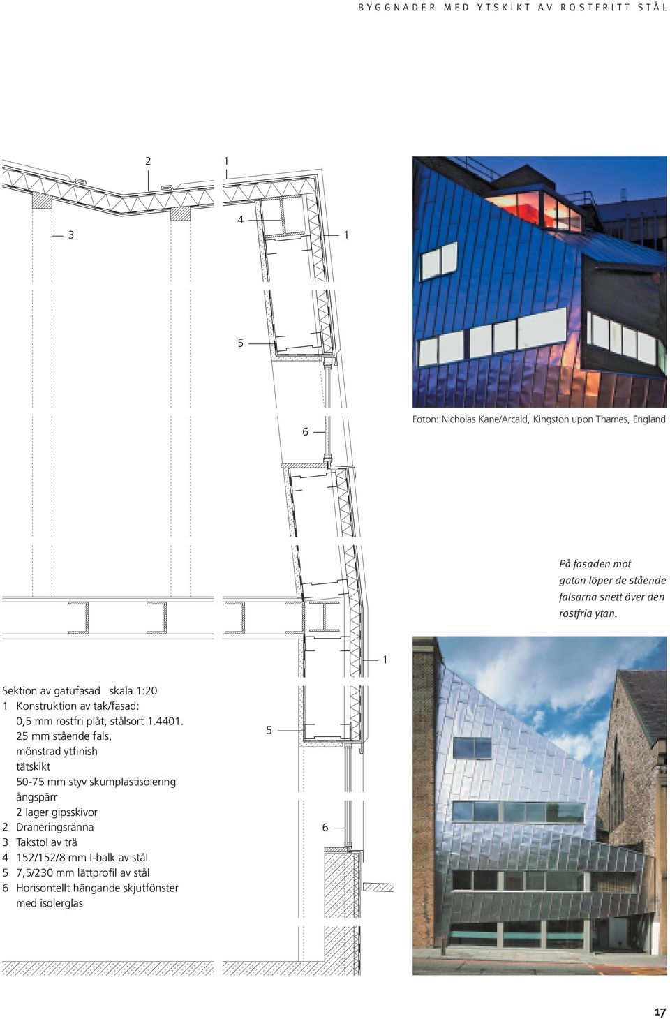 2 mm stående fals, mönstrad ytfinish tätskikt 0-7 mm styv skumplastisolering ångspärr 2 lager gipsskivor 2