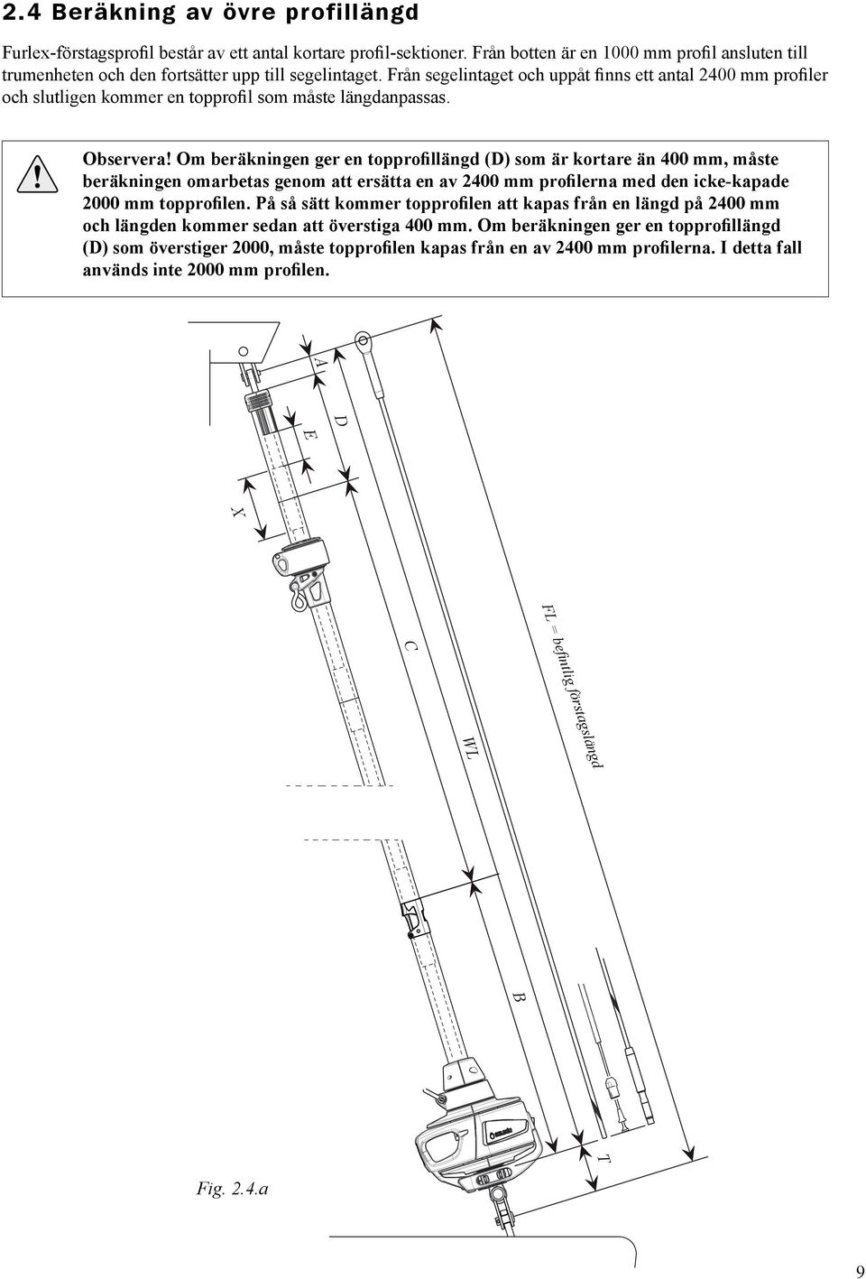 Från segelintaget och uppåt finns ett antal 2400 mm profiler och slutligen kommer en topprofil som måste längdanpassas. Observera!