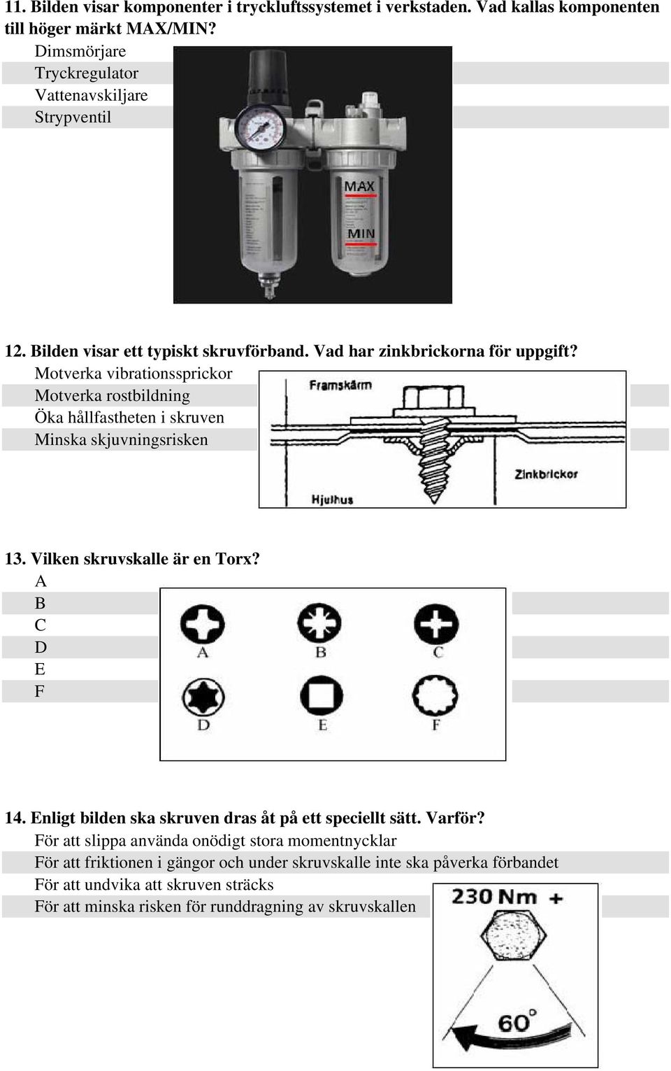 Motverka vibrationssprickor Motverka rostbildning Öka hållfastheten i skruven Minska skjuvningsrisken 13. Vilken skruvskalle är en Torx? A B C D E F 14.