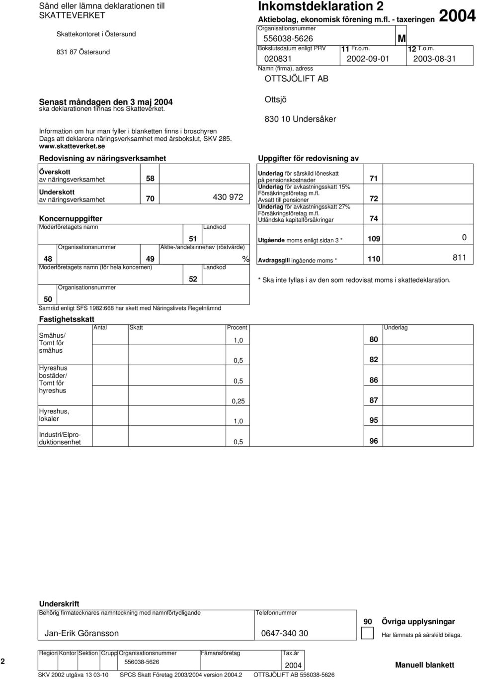 Information om hur man fyller i blanketten finns i broschyren Dags att deklarera näringsverksamhet med årsbokslut, SKV 285. www.skatteverket.