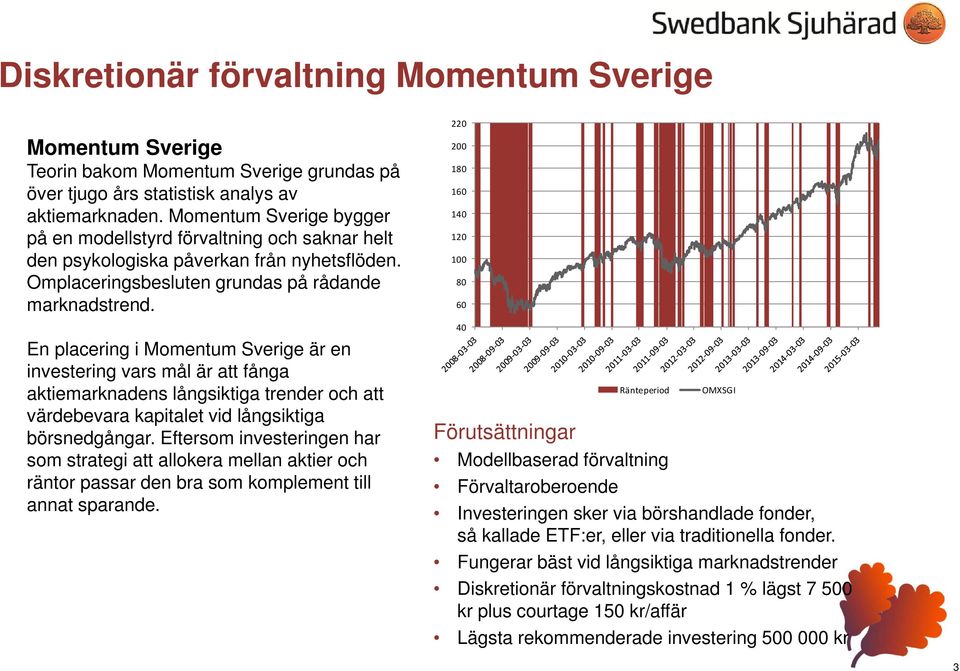 En placering i Momentum Sverige är en investering vars mål är att fånga aktiemarknadens långsiktiga trender och att värdebevara kapitalet vid långsiktiga börsnedgångar.