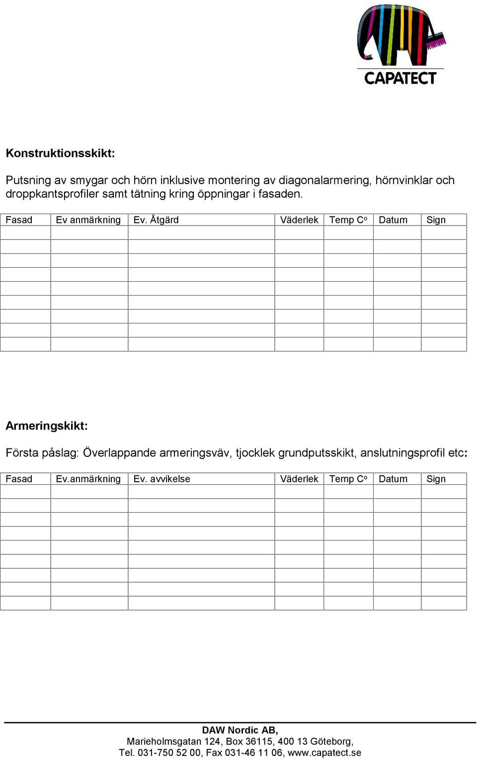 Åtgärd Väderlek Temp C o Datum Sign Armeringskikt: Första påslag: Överlappande armeringsväv,