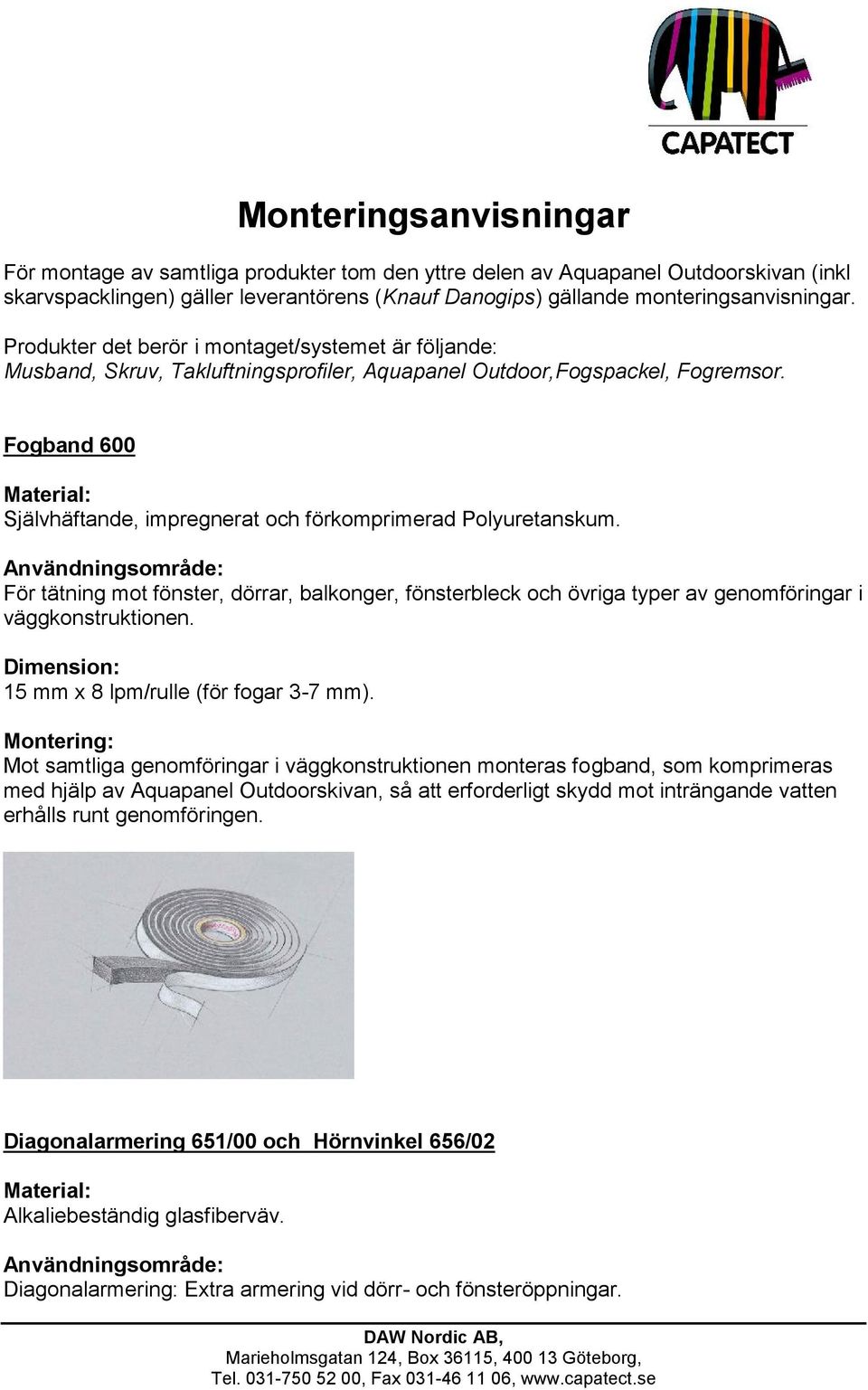 Fogband 600 Material: Självhäftande, impregnerat och förkomprimerad Polyuretanskum.