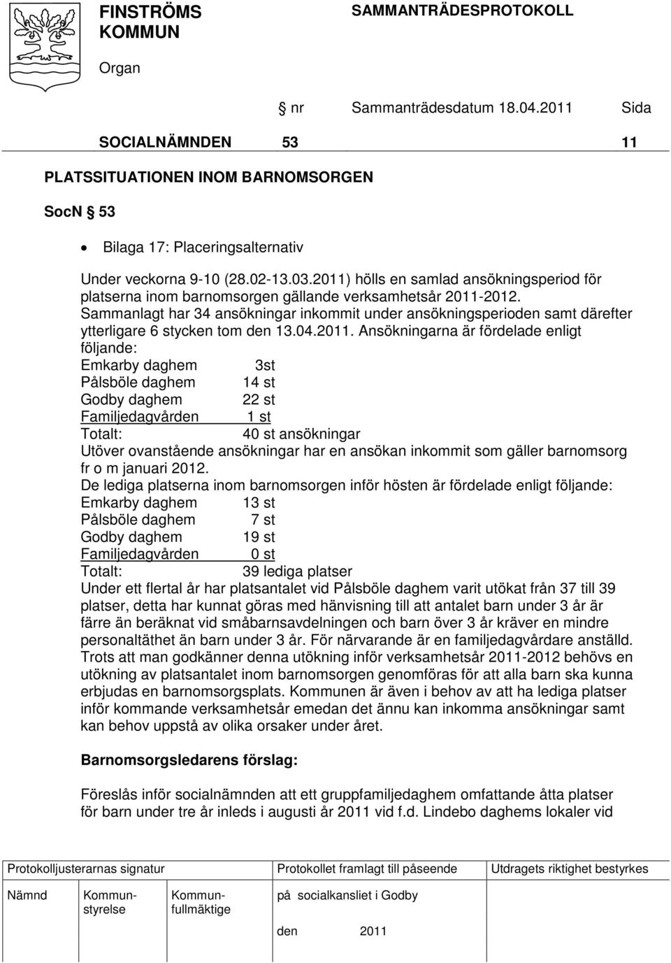 Sammanlagt har 34 ansökningar inkommit under ansökningsperioden samt därefter ytterligare 6 stycken tom den 13.04.2011.