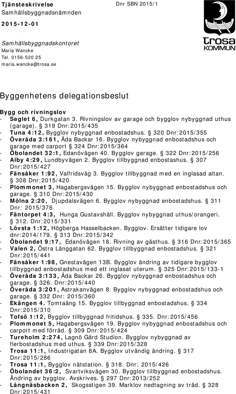 319 Dnr:2015/435 - Tuna 4:12, Bygglov nybyggnad enbostadshus. 320 Dnr:2015/355 - Överåda 3:161, Åda Backar 16.