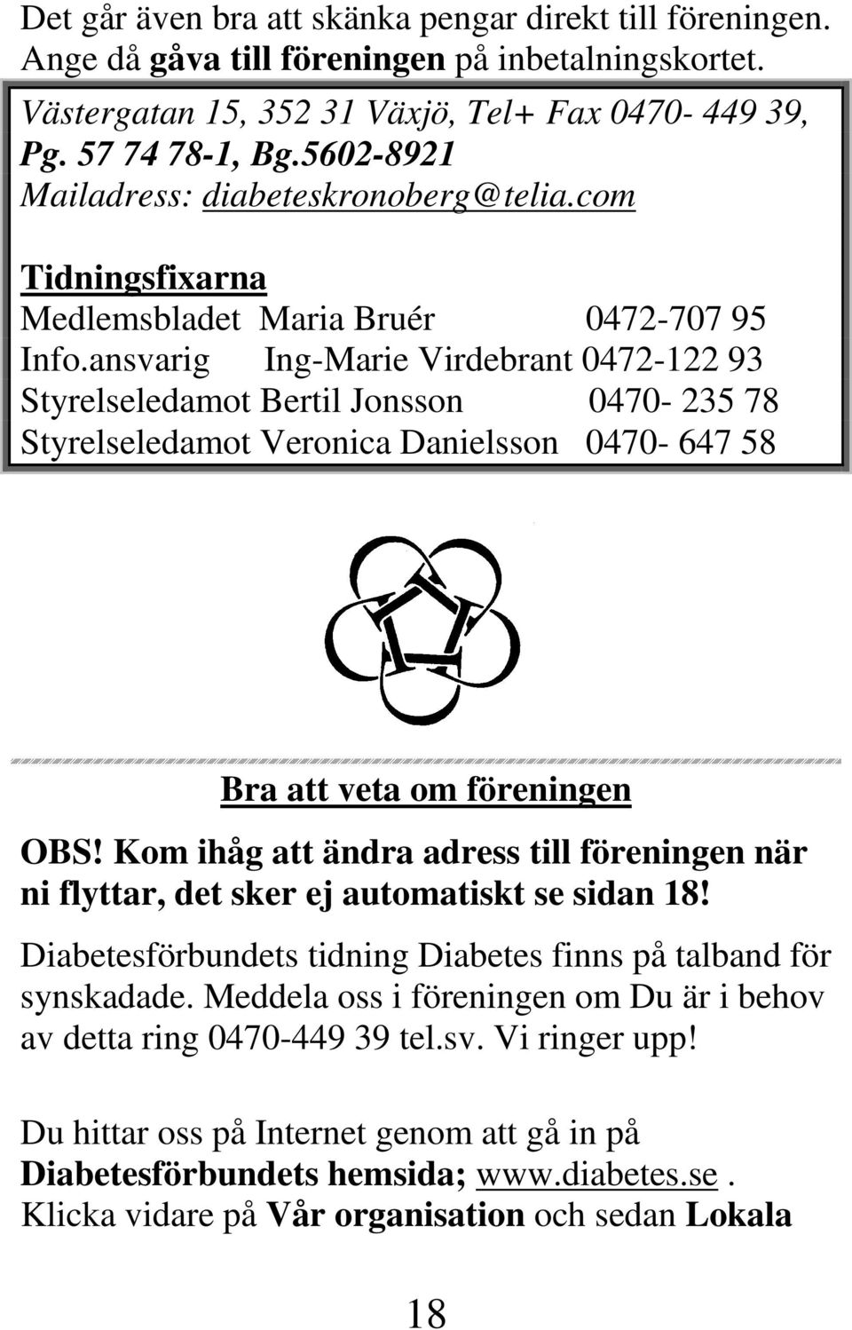 ansvarig Ing-Marie Virdebrant 0472-122 93 Styrelseledamot Bertil Jonsson 0470-235 78 Styrelseledamot Veronica Danielsson 0470-647 58 Bra att veta om föreningen OBS!