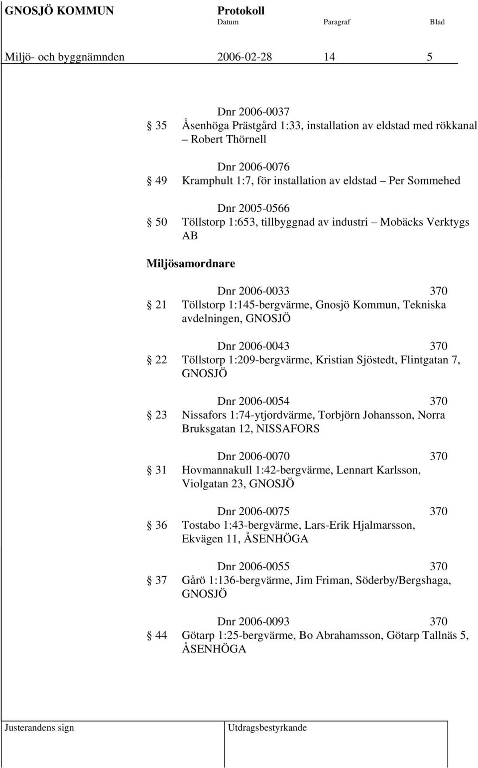 Töllstorp 1:209-bergvärme, Kristian Sjöstedt, Flintgatan 7, GNOSJÖ Dnr 2006-0054 370 23 Nissafors 1:74-ytjordvärme, Torbjörn Johansson, Norra Bruksgatan 12, NISSAFORS Dnr 2006-0070 370 31