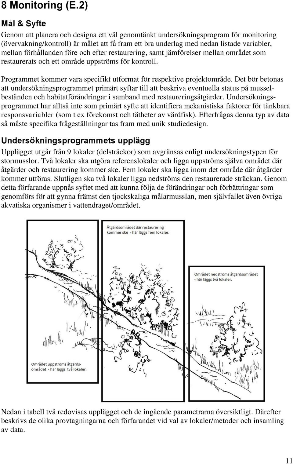 förhållanden före och efter restaurering, samt jämförelser mellan området som restaurerats och ett område uppströms för kontroll.