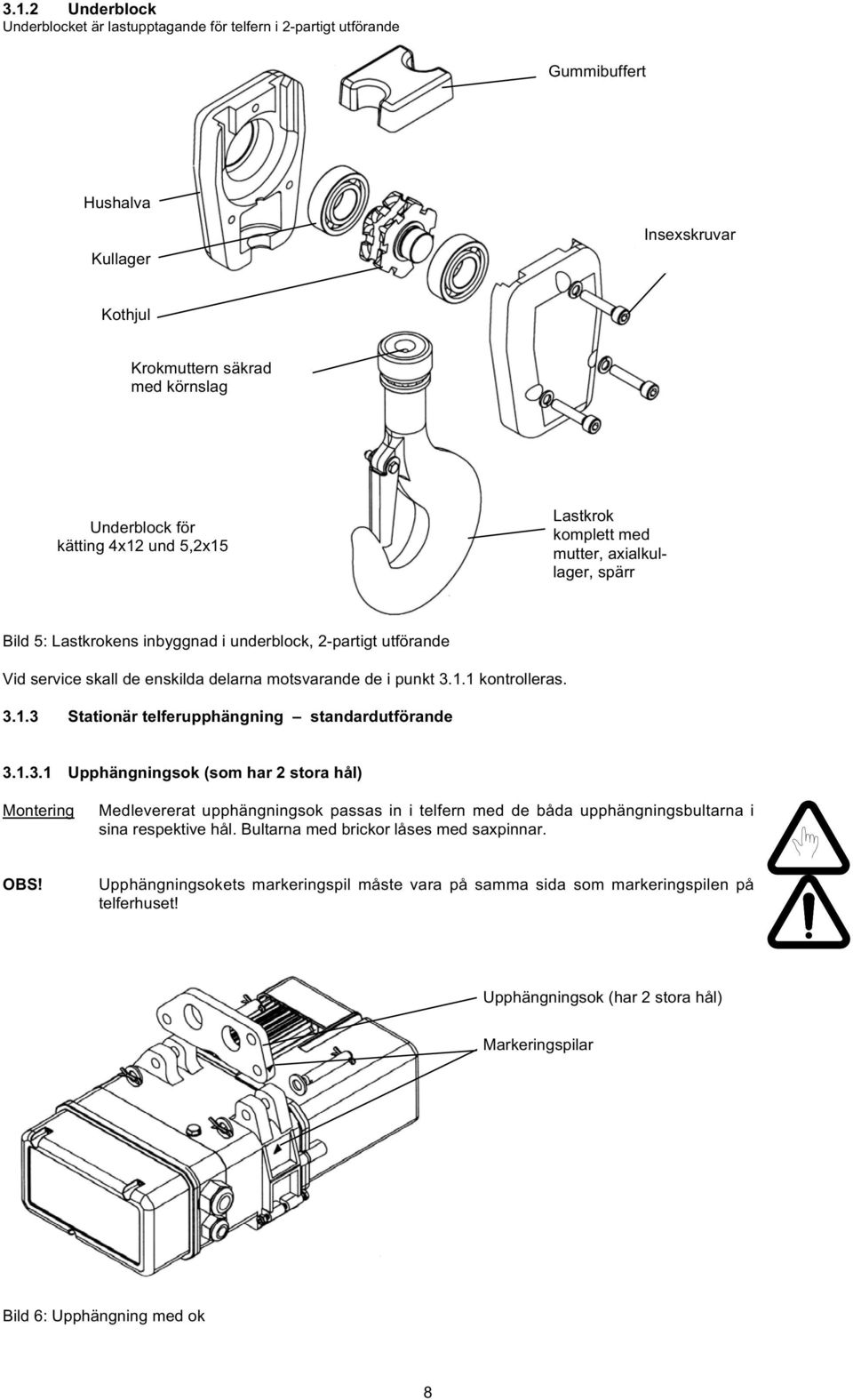 3.1.3 Stationär telferupphängning standardutförande 3.1.3.1 Upphängningsok (som har 2 stora hål) Montering Medlevererat upphängningsok passas in i telfern med de båda upphängningsbultarna i sina respektive hål.