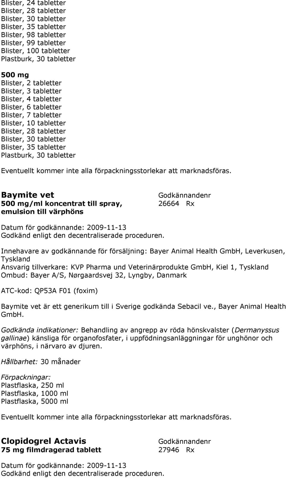 Baymite vet 500 mg/ml koncentrat till spray, 26664 Rx emulsion till värphöns Innehavare av godkännande för försäljning: Bayer Animal Health GmbH, Leverkusen, Tyskland Ansvarig tillverkare: KVP Pharma
