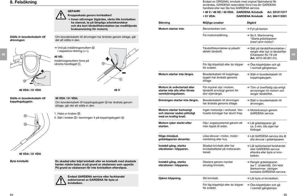 Endast en ORIGINAL knivbalk med original fästmaterial får användas. GARDENA reservdelar finns hos din GARDENA handlare eller kan fås hos GARDENA service. 4 V / 4 VD / 4 VDA: GARDENA Knivbalk Art.