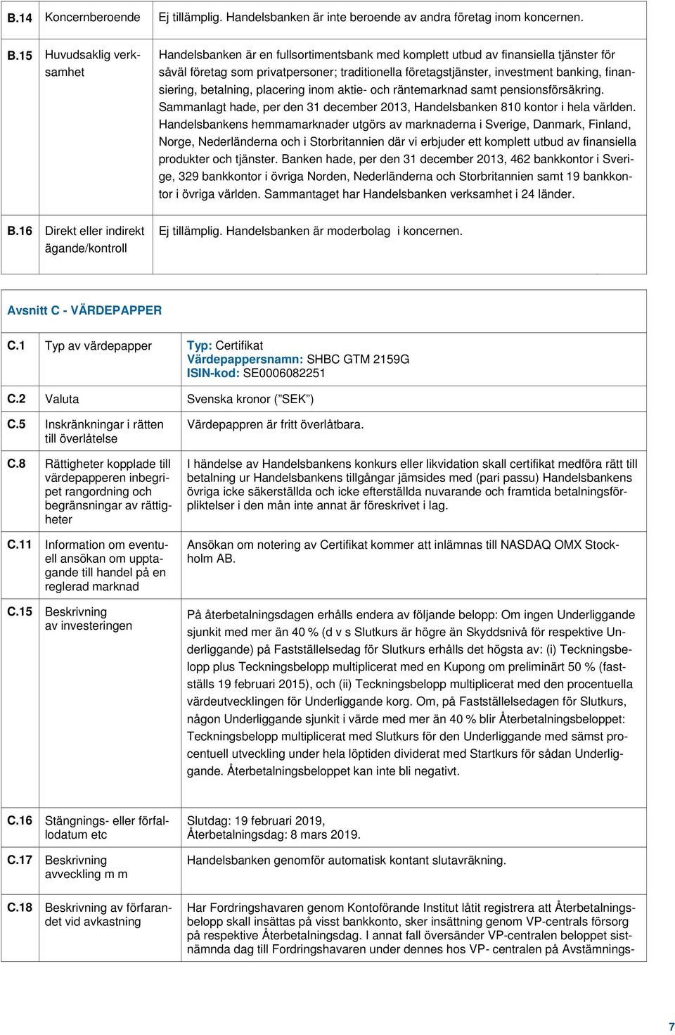 finansiering, betalning, placering inom aktie- och räntemarknad samt pensionsförsäkring. Sammanlagt hade, per den 31 december 2013, Handelsbanken 810 kontor i hela världen.