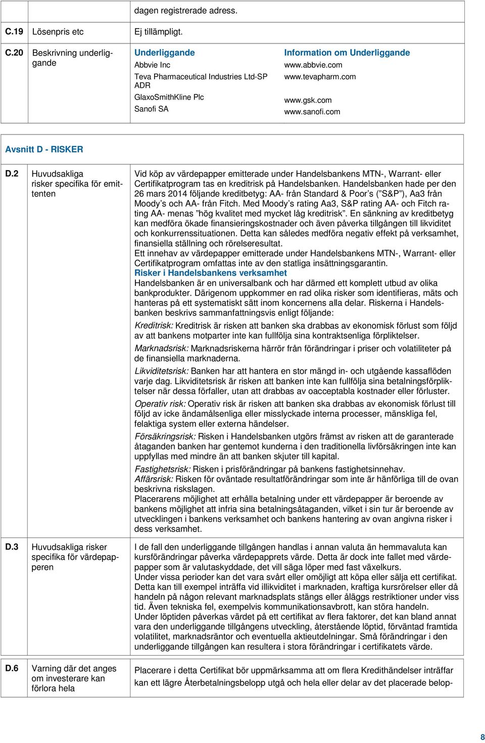 com www.sanofi.com Avsnitt D - RISKER D.2 Huvudsakliga risker specifika för emittenten D.3 Huvudsakliga risker specifika för värdepapperen D.