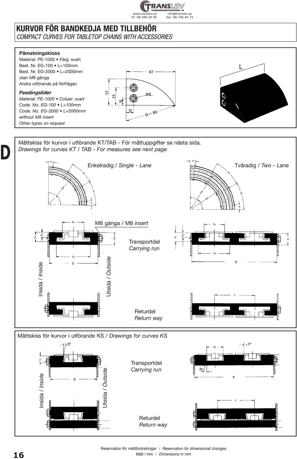 EG-100 L=100mm Code. No. EG-2000 L=2000mm without M8 insert Other types on request Måttskiss för kurvor i utförande KT/TAB - För måttuppgifter se nästa sida.