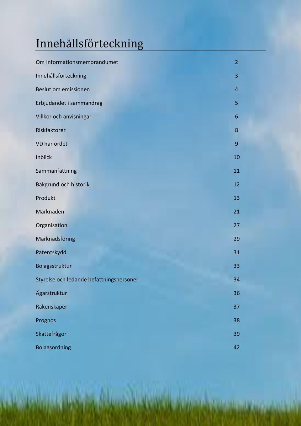 historik 12 Produkt 13 Marknaden 21 Organisation 27 Marknadsföring 29 Patentskydd 31 Bolagsstruktur 33