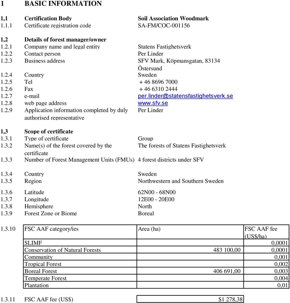 linder@statensfastighetsverk.se 1.2.8 web page address www.sfv.se 1.2.9 Application information completed by duly authorised representative Per Linder 1,3 Scope of certificate 1.3.1 Type of certificate Group 1.