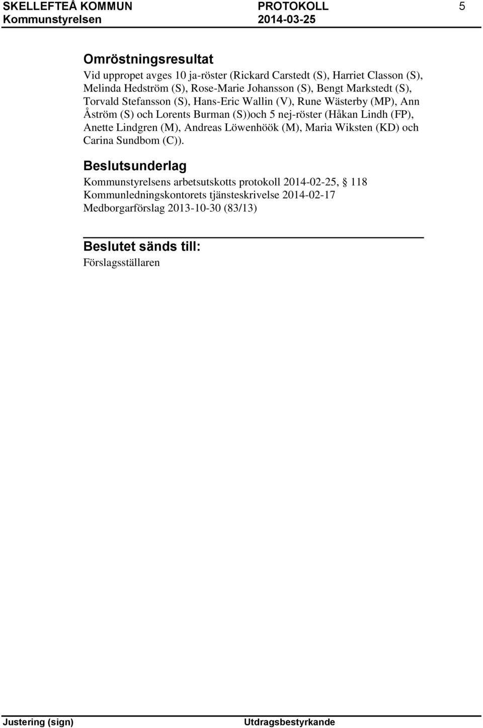 (S))och 5 nej-röster (Håkan Lindh (FP), Anette Lindgren (M), Andreas Löwenhöök (M), Maria Wiksten (KD) och Carina Sundbom (C)).