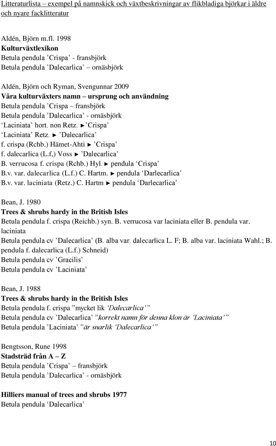 1998 Kulturväxtlexikon Betula pendula Crispa - fransbjörk Betula pendula Dalecarlica ornäsbjörk Aldén, Björn och Ryman, Svengunnar 2009 Våra kulturväxters namn ursprung och användning Betula pendula