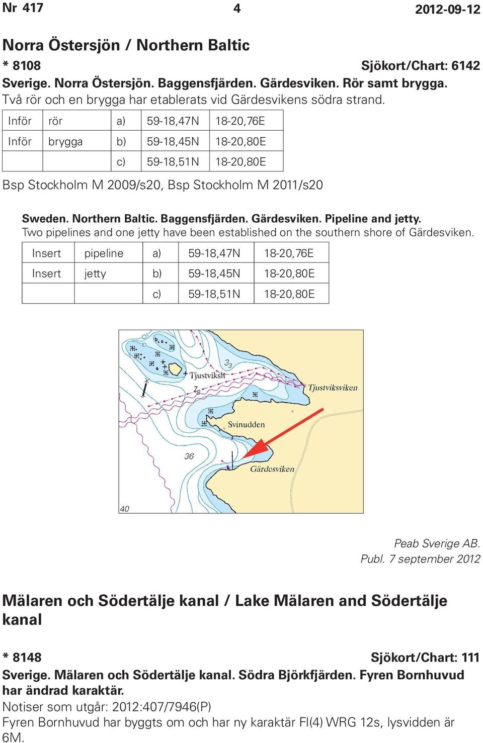 Inför rör a) 59-18,47N 18-20,76E Inför brygga b) 59-18,45N 18-20,80E c) 59-18,51N 18-20,80E Bsp Stockholm M 2009/s20, Bsp Stockholm M 2011/s20 Sweden. Northern Baltic. Baggensfjärden. Gärdesviken.