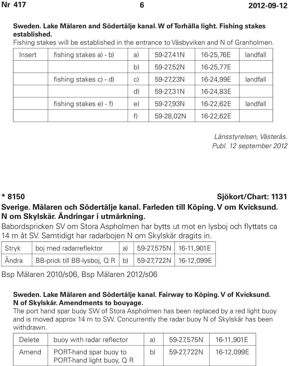 16-22,62E landfall f) 59-28,02N 16-22,62E Länsstyrelsen, Västerås. * 8150 Sjökort/Chart: 1131 Sverige. Mälaren och Södertälje kanal. Farleden till Köping. V om Kvicksund. N om Skylskär.