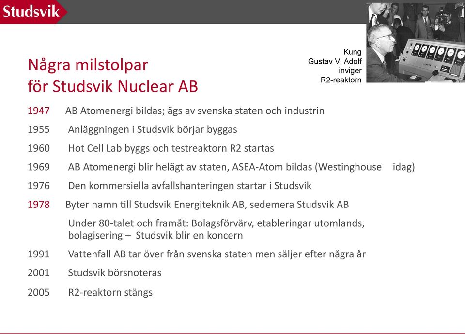 Studsvik 1978 Byter namn till Studsvik Energiteknik AB, sedemera Studsvik AB Under 80-talet och framåt: Bolagsförvärv, etableringar utomlands, bolagisering Studsvik